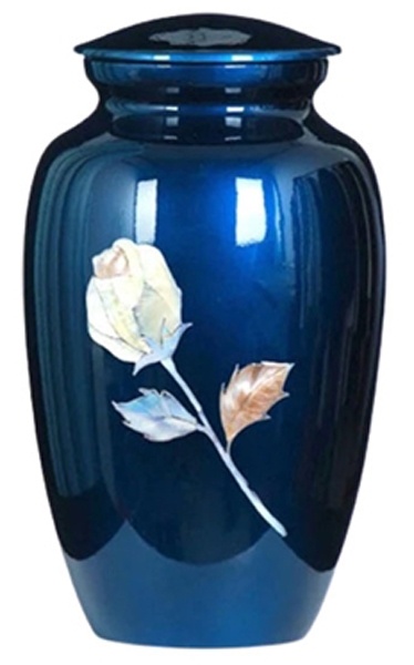 Handcrafted Urn-Blue With Mother Of Pearl Rose Inlay Keepsake