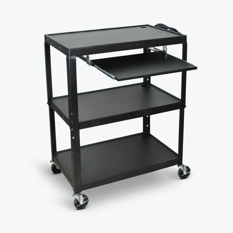Extra-Large Adjustable-Height Steel Av Cart, Pullout Keyboard Tray