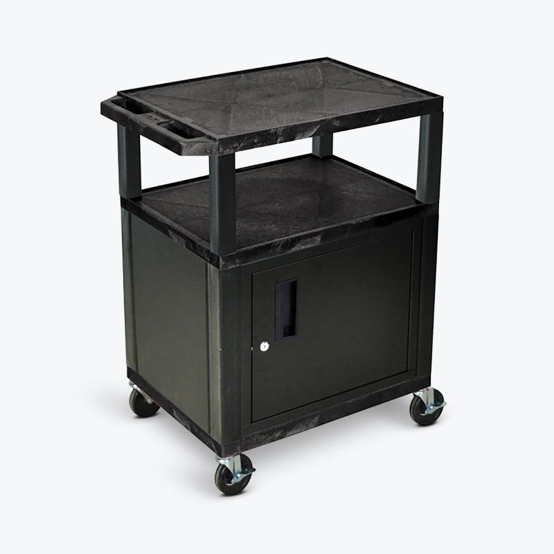34"H Av Cart - 3 Shelves, Cabinet, Electric - Black Legs
