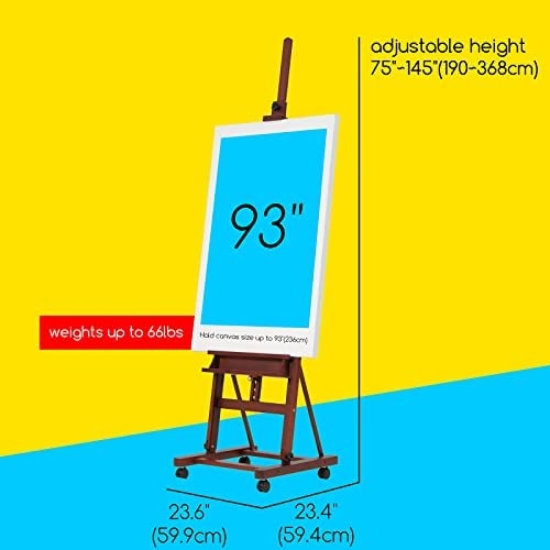 Meeden Extra Large H-Frame Studio Easel 75" To 146", Holds Canvas Up To 93", Adjustable Tilting Artist Easel With Storage Tray, Solid Beech Wood Art Easel With Wheels For Adults(Walnut Color)