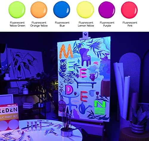 Meeden Fluid Fluorescent Acrylic Paint Set, 6 Vibrant Colors (2 Oz, 60 Ml), Rich Pigments, Non-Toxic High Flow Art Paints For Artists, Adults, Kids, Beginners, Art Supplies For Canvas Painting