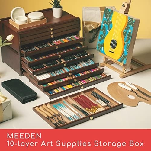U.S. Art Supply 10 Drawer Wood Artist Supply Storage Box - Pastels Pencils Pens Markers Brushes