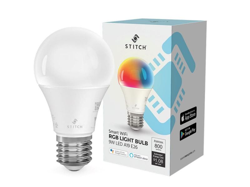 Stitch Smart Wi-Fi Rgb Light Bulb, 9W Led Rgb Color And Warm, Cool White, A19 E26, Compatible With Alexa And Google Home For Touchless Control, No Hub Required