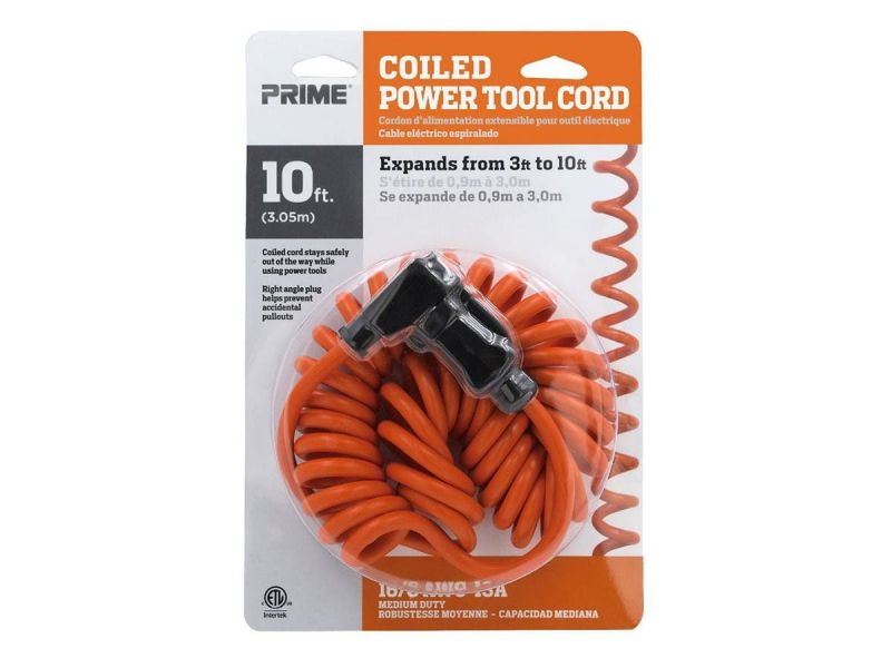 Coiled Power Tool Extension Cord, 16Awg, 13A, Sjt, Orange, Expands From 3Ft To 10Ft