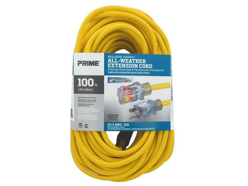 Outdoor Oil Resistant Extension Power Cord, 12Awg, 20A, Sjtow, Yellow, 100Ft