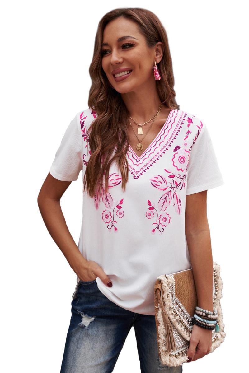 Women White Rosy Floral Embroidery V Neck Short Sleeve T-Shirt