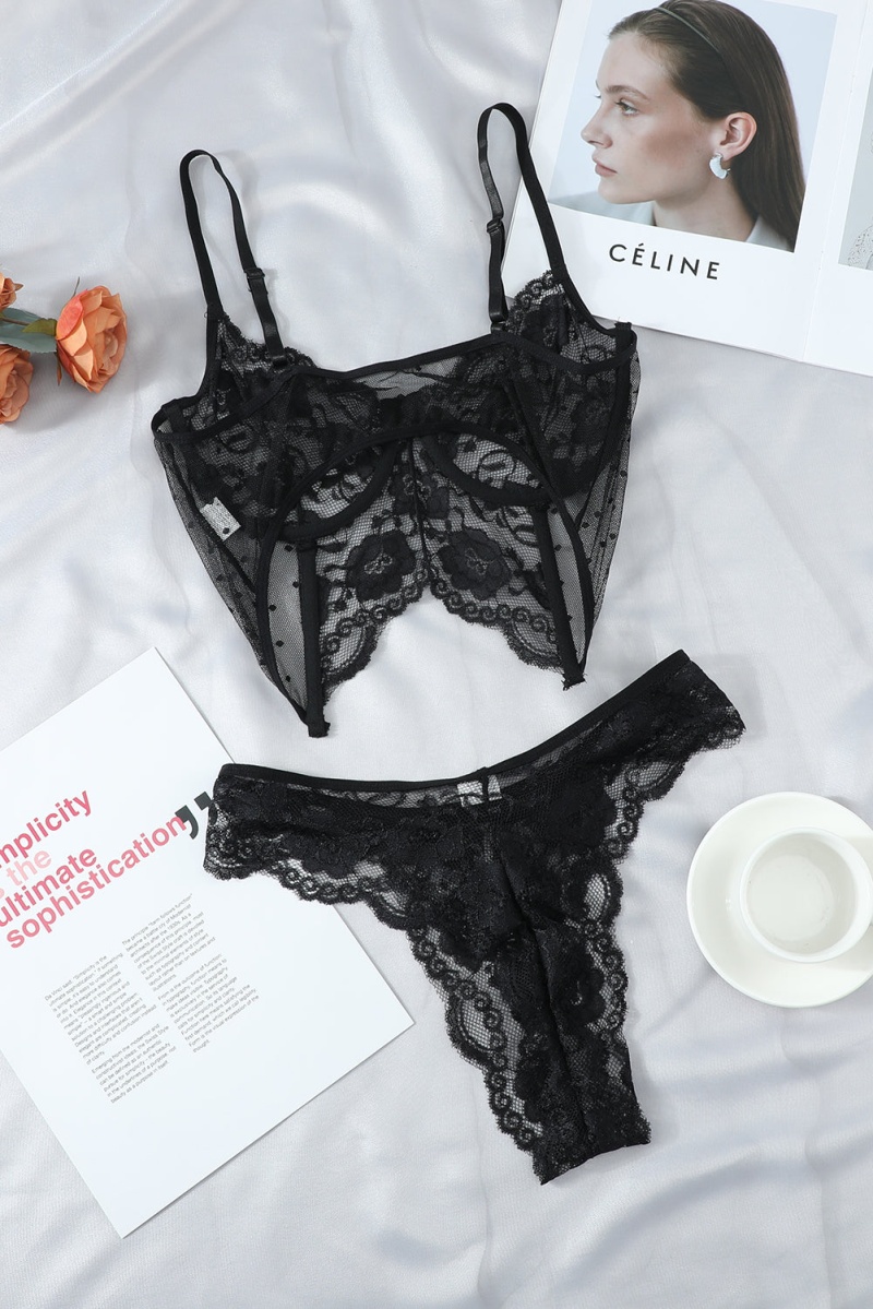 Black Floral Lace Dotted Pattern Small Chest Bralette Set