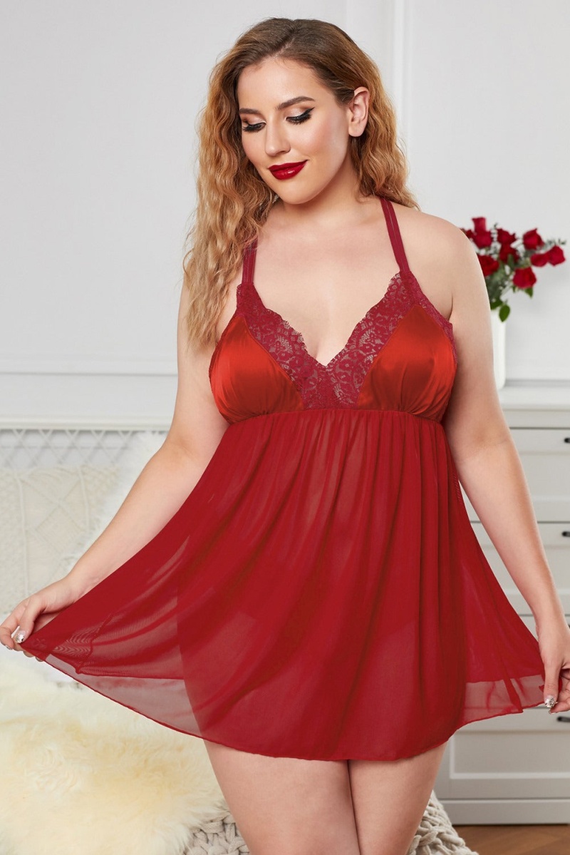 Red Lace Mesh Deep V Neck Plus Size Babydoll
