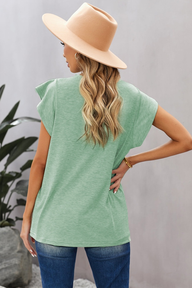 Green V Neck Buttoned Lace Trim Short Sleeve Tee