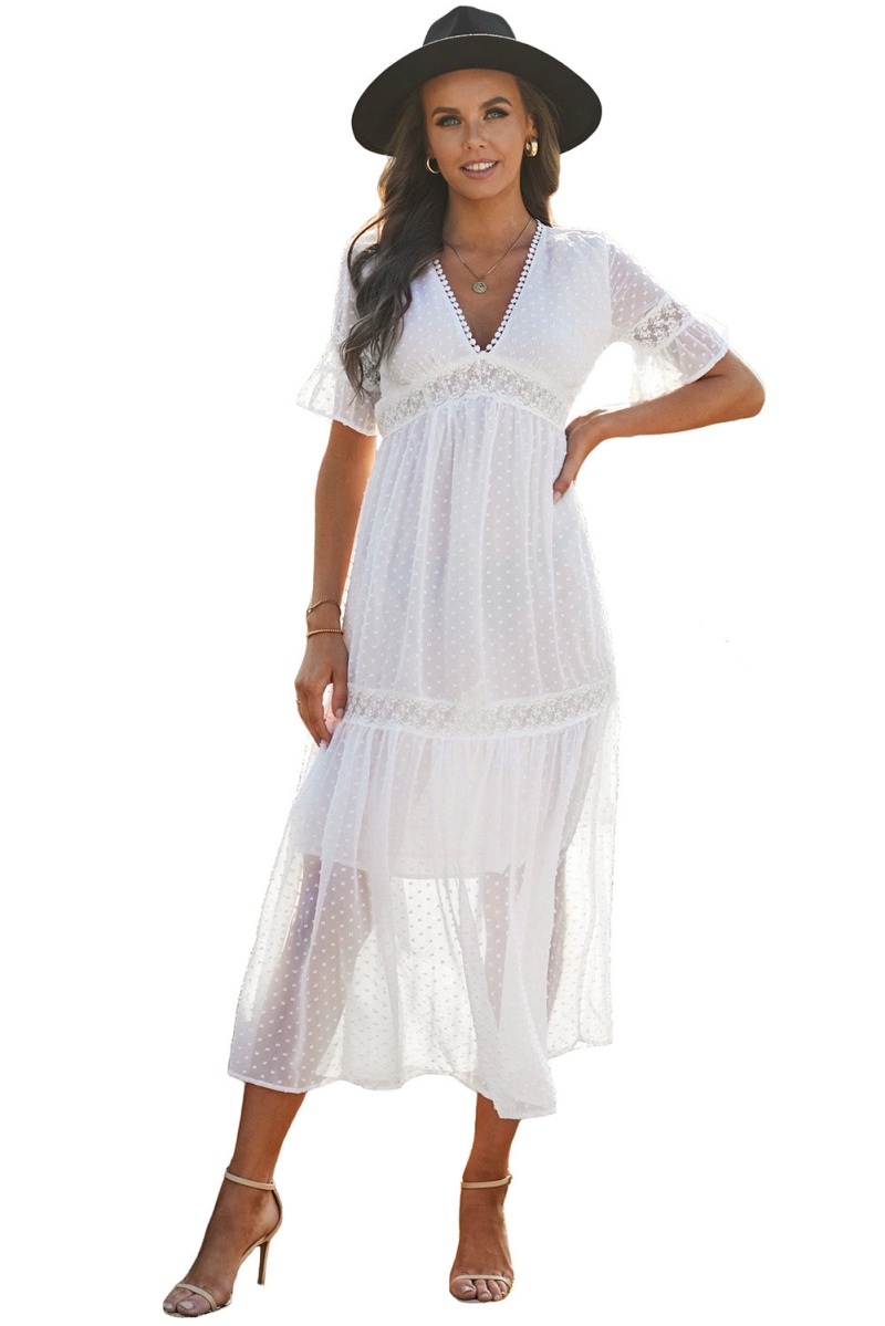 White Swiss Dot Lace Trim V Neck Short Sleeve Boho Maxi Dress
