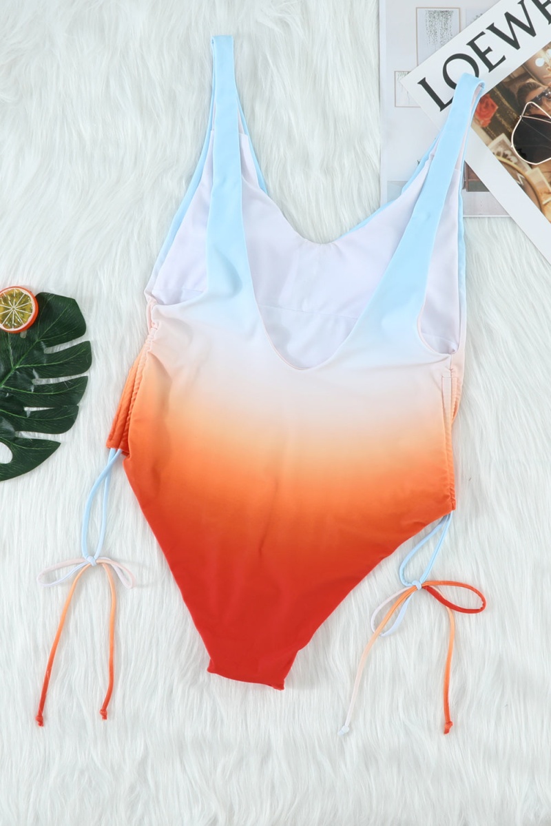 Sky Blue Orange Ombre Drawstring Ruched Sides Backless Monokini