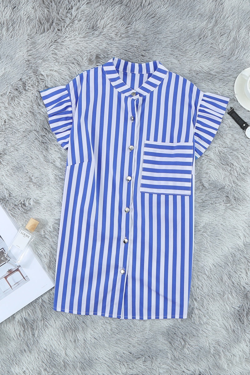 Summer Sky Blue Striped Buttoned Ruffled Sleeve Shirt