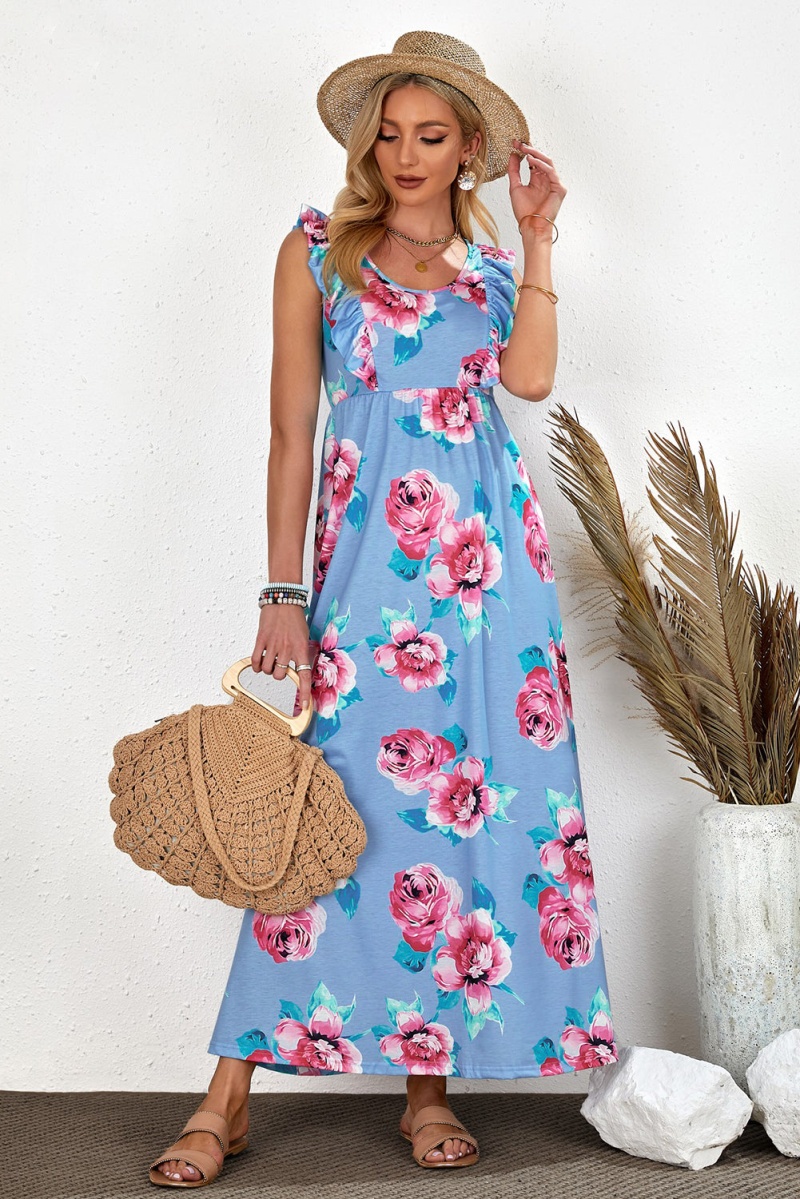 Sky Blue Ruffle Sleeveless High Waist Floral Maxi Dress