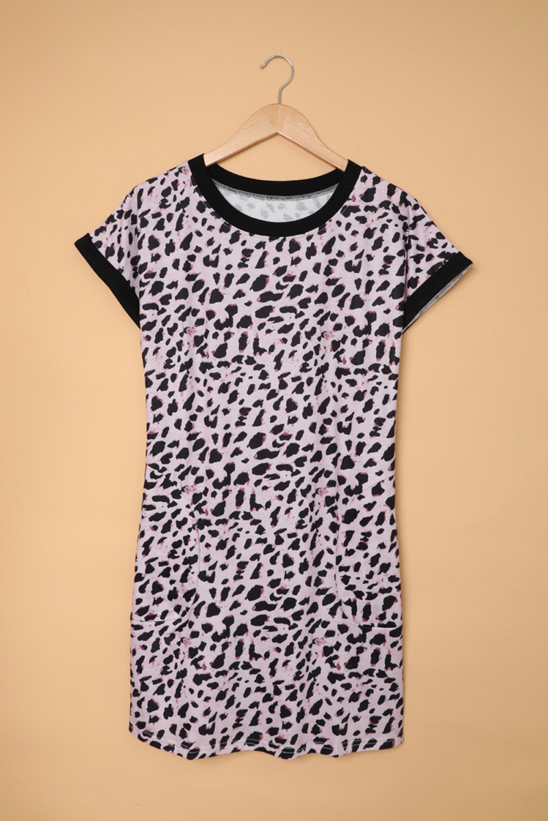 Casual Short Sleeve Contrast Neck Leopard T-Shirt Mini Dress