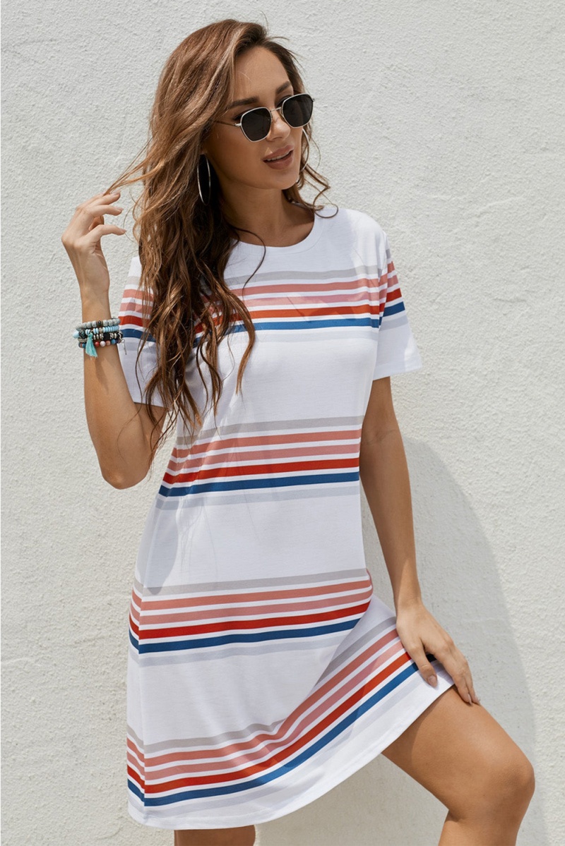 White Striped Print Round Neck Short Sleeve T-Shirt Mini Dress