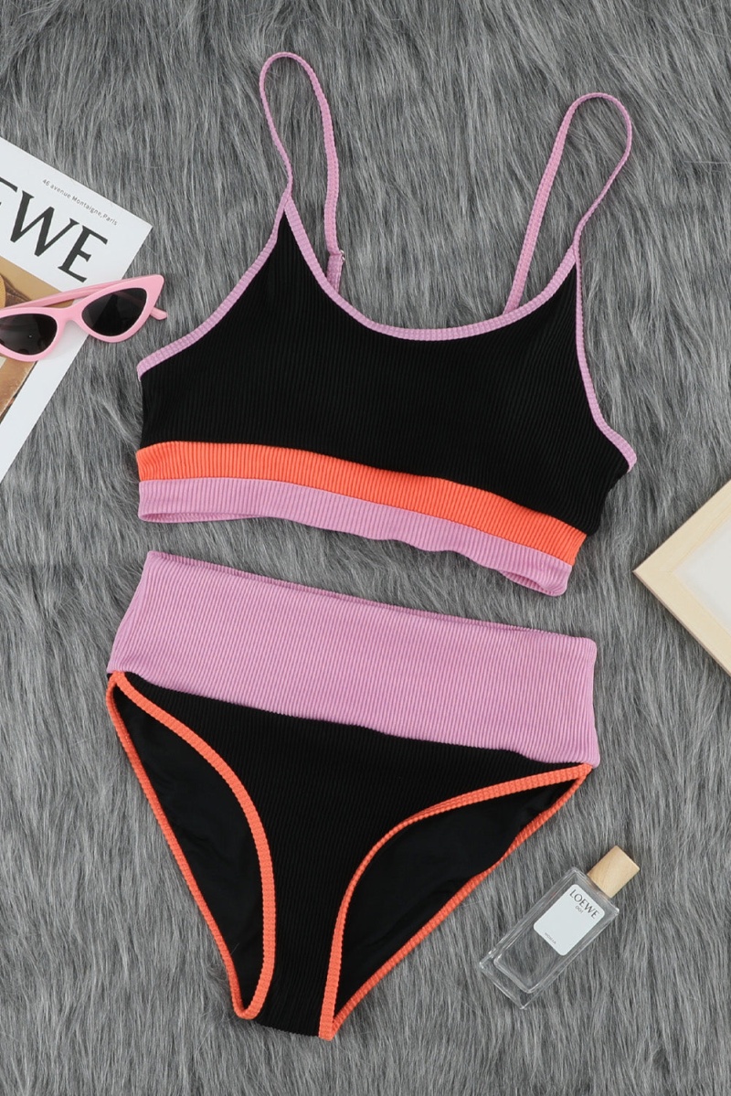 Black Spaghetti Straps Colorblock Ribbed High Waist Swimsuit