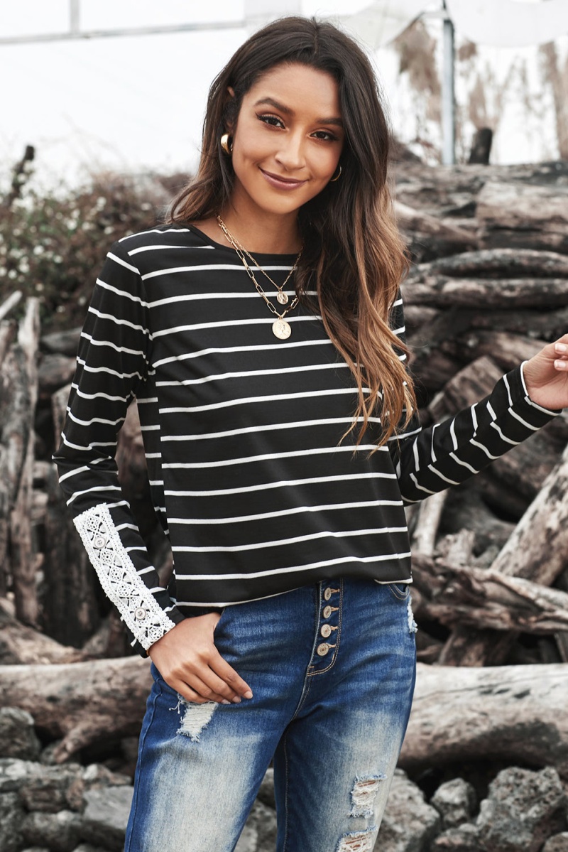 Black White Striped Lace Button Detail Long Sleeve Top