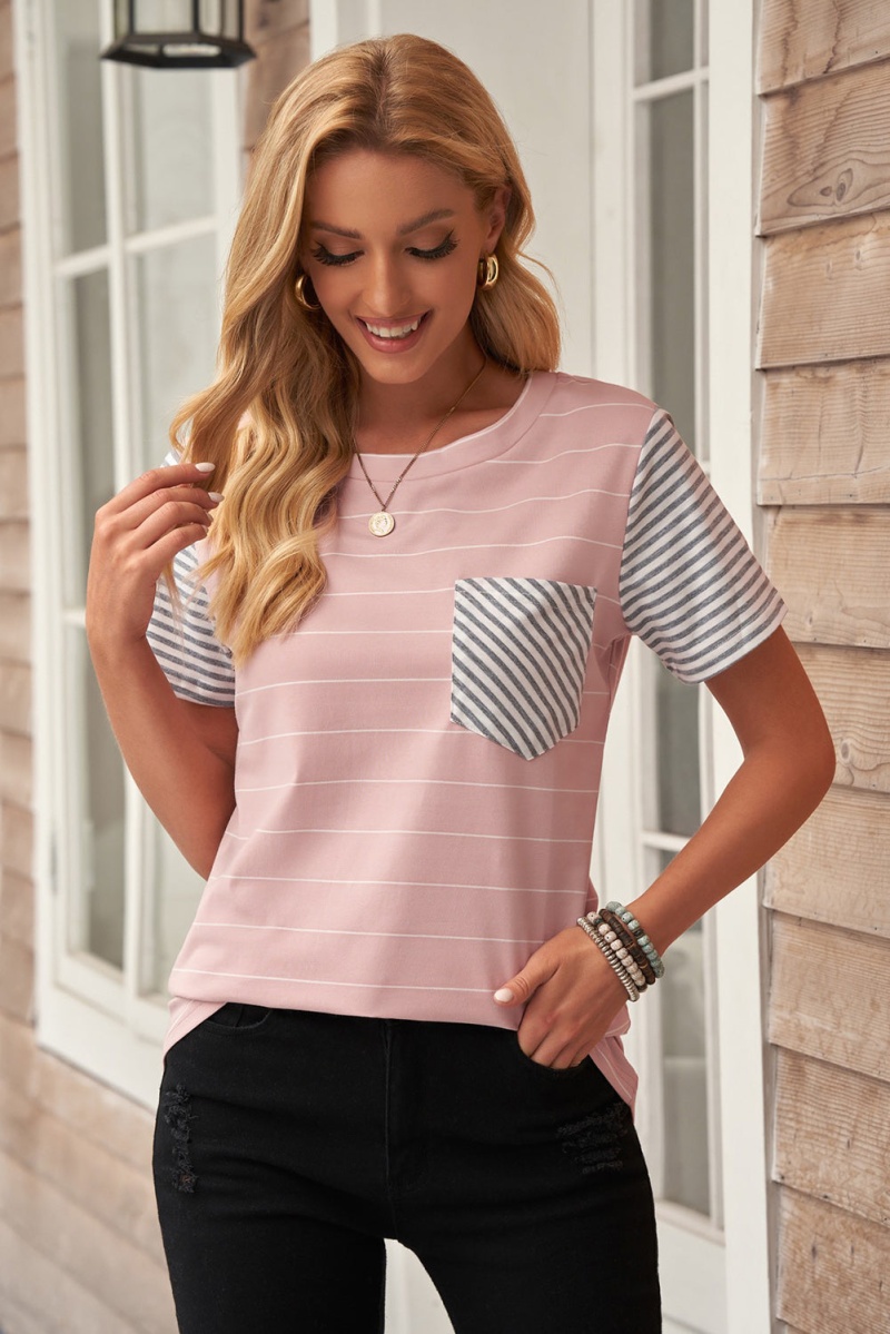 Women's Pink Striped Short Sleeve Contrast Color T-Shirt With Pocket