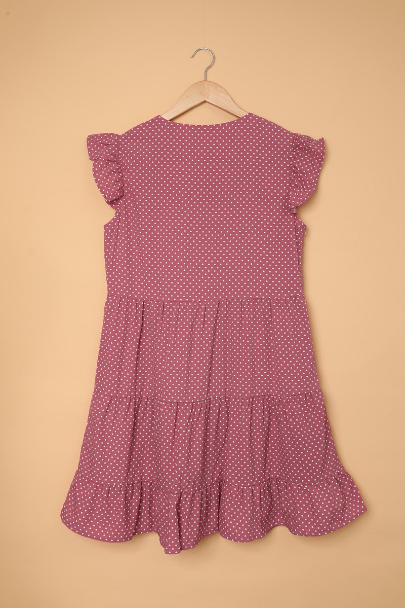 Pink Swiss Dots V Neck Cap Sleeve Ruffle Mini Dress