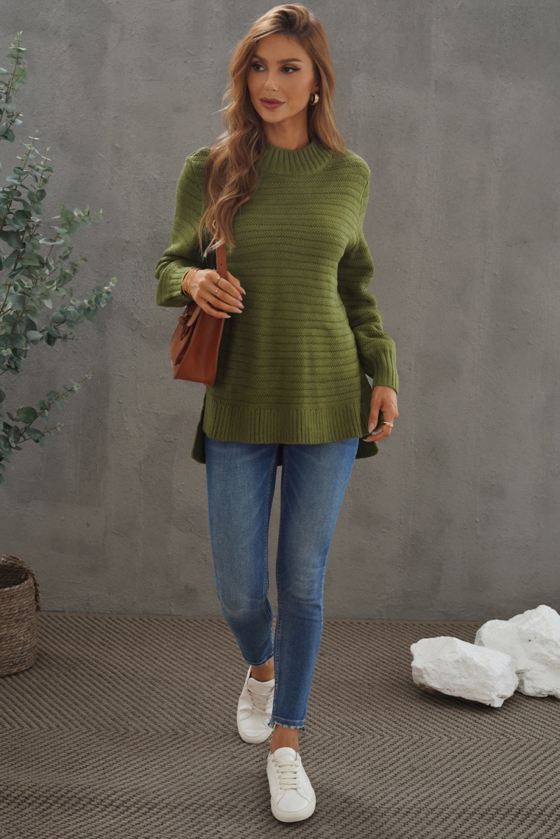 Winter Green Solid Color Stand Collar Textured Sweater