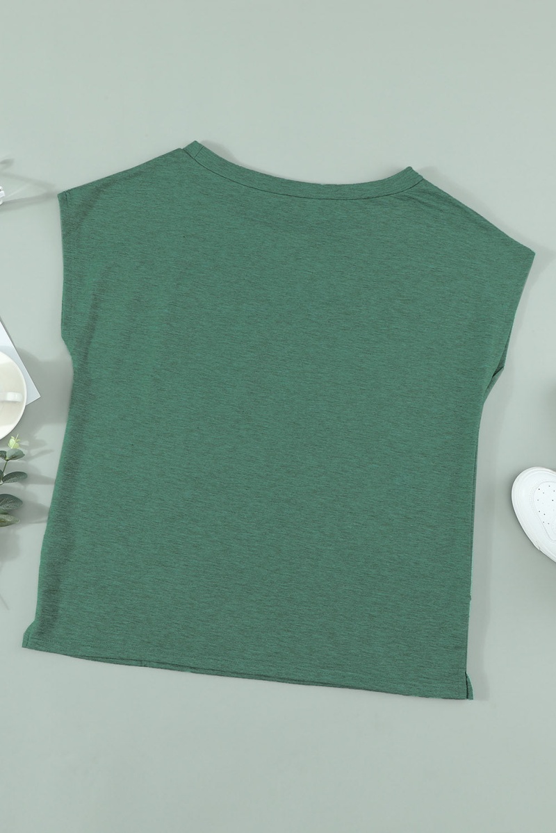 Green Pocketed O Neck Short Sleeve Tee With Side Slits