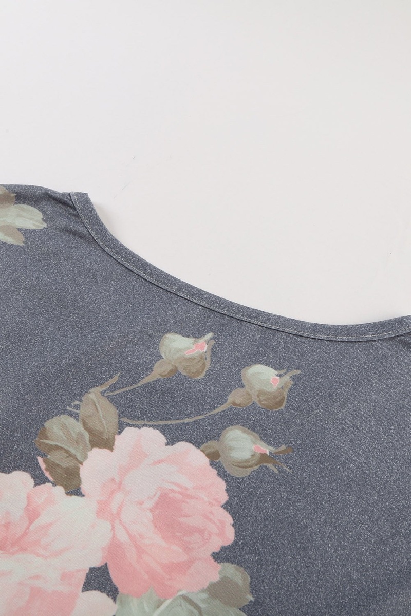 Women's Short Sleeve Floral Print Gray T-Shirt