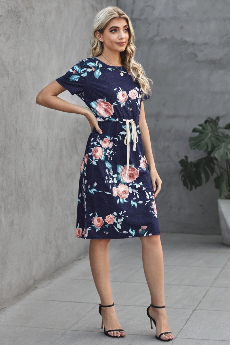 Casual Navy Blue Short Sleeve Pocketed Drawstring Midi Floral Dress
