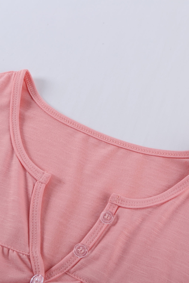 Women Old Fashioned Pink Buttoned Detail Cotton Blend Short Sleeve T-Shirt