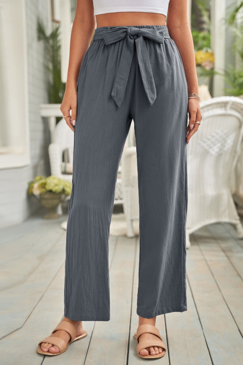 Women's Gray Elastic Waist Drawstring Wide Leg Pants