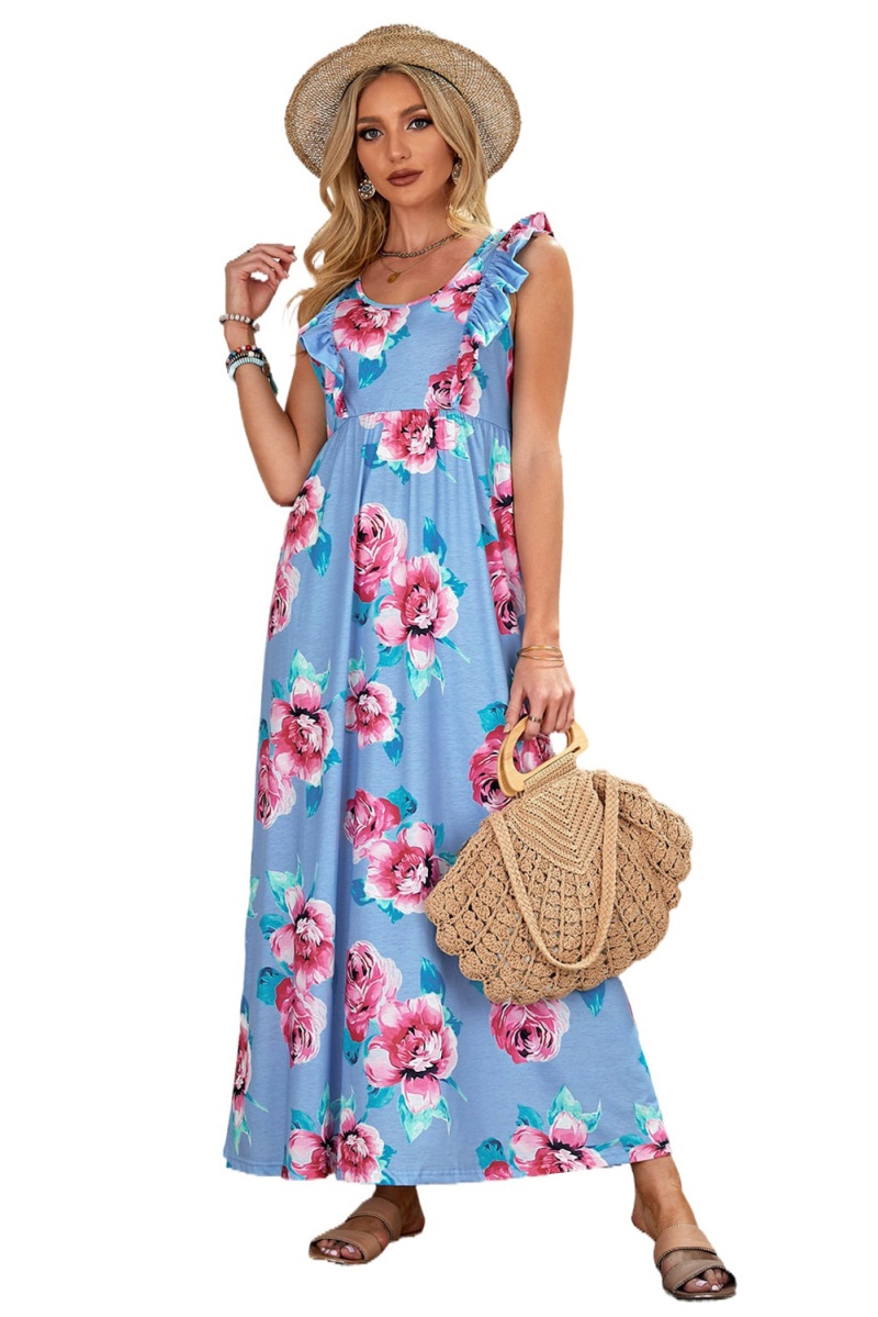Sky Blue Ruffle Sleeveless High Waist Floral Maxi Dress