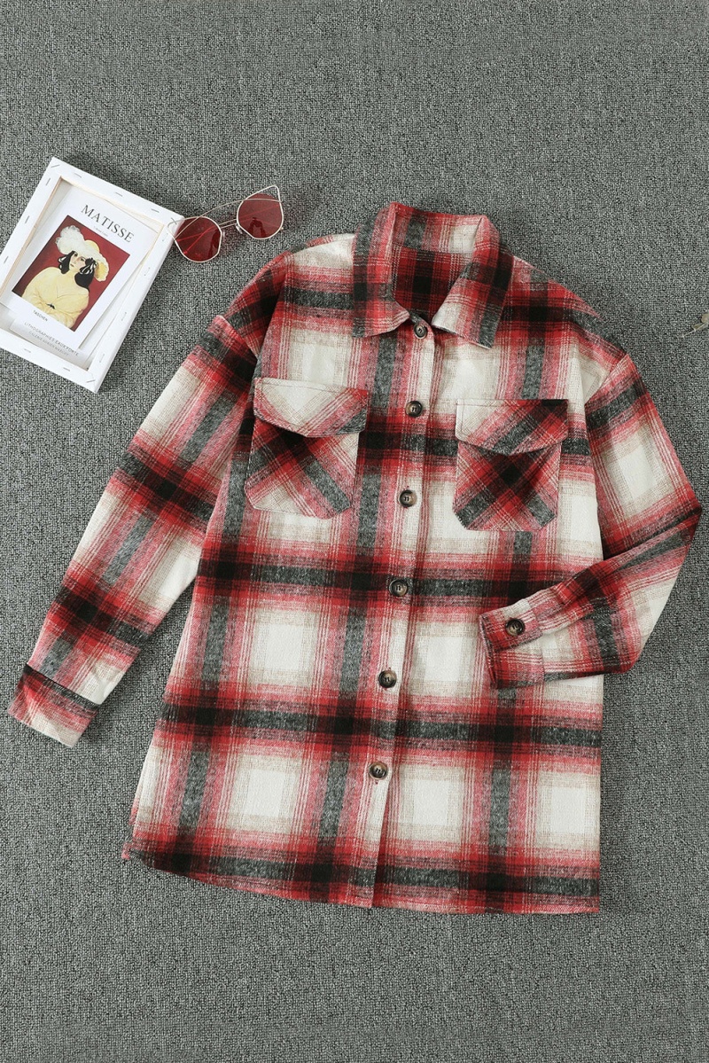 Women's Fall Red Turn Down Neck Plaid Pocket Button Closure Coat
