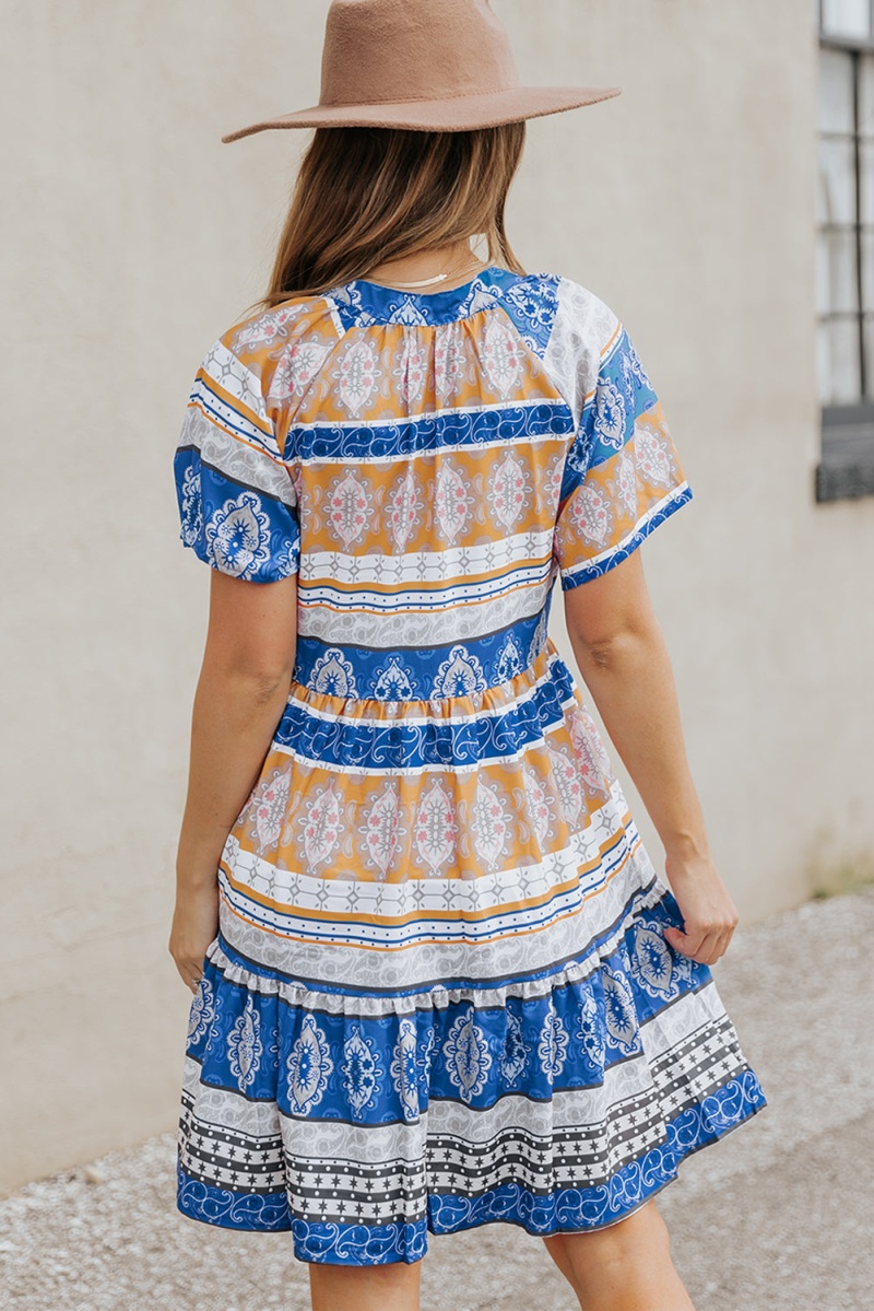 Beige Blue Accent Color Block Bohemian Print Short Sleeve Mini Dress