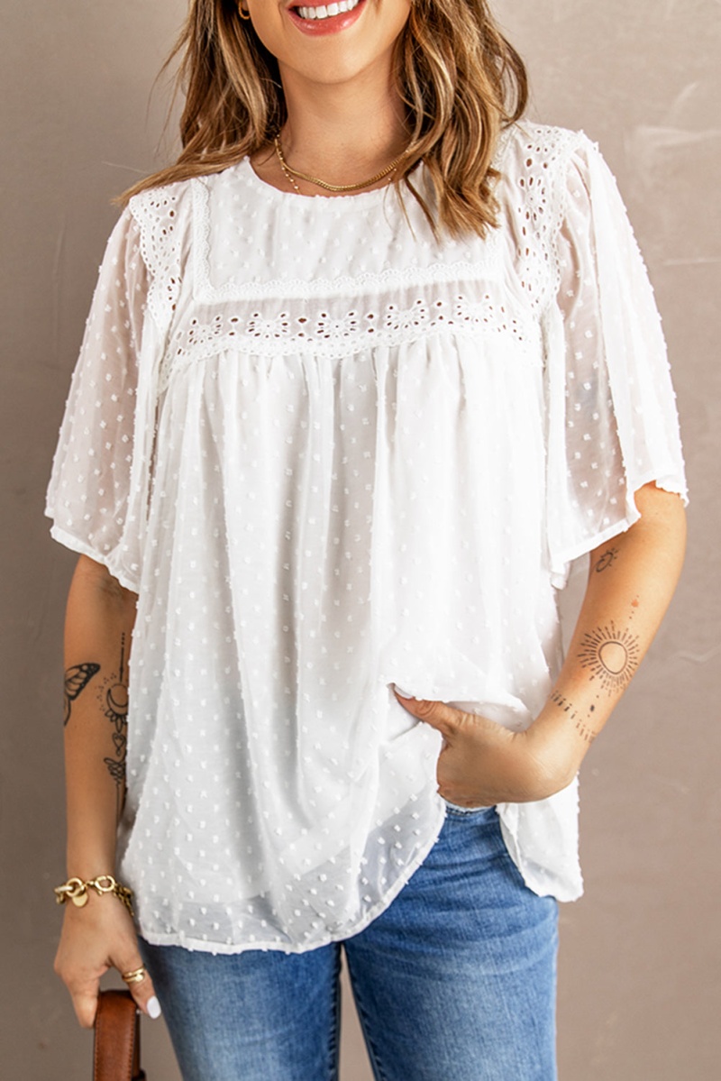 Chic White Flutter Sleeves Sheer Textured Babydoll Top