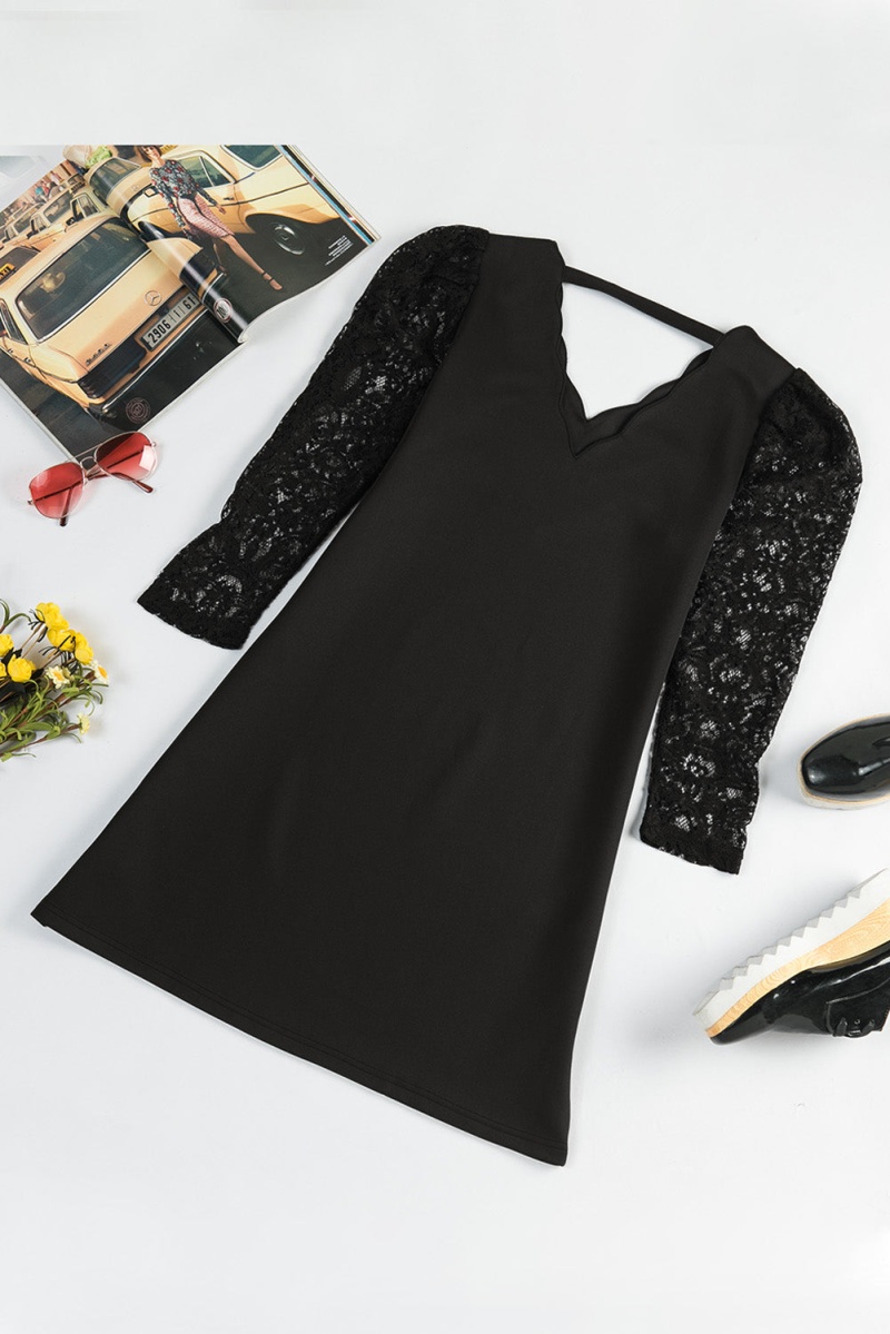 Black Scalloped V Neck Lace Sleeve Splicing Shift Mini Dress