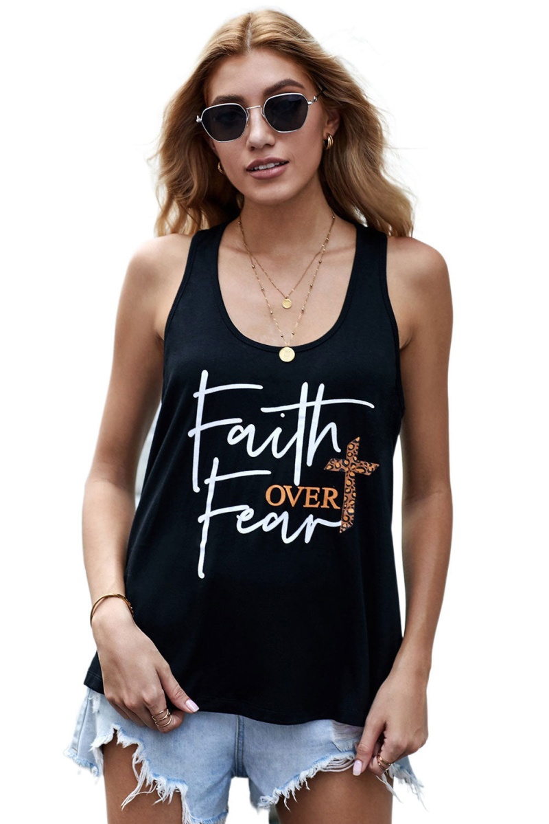 Women's Summer Black Printed Cross Faith Over Fear Tank Top