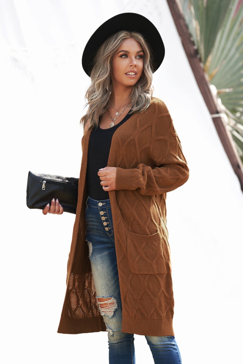 Brown Textured Cable Knit Long Cardigan