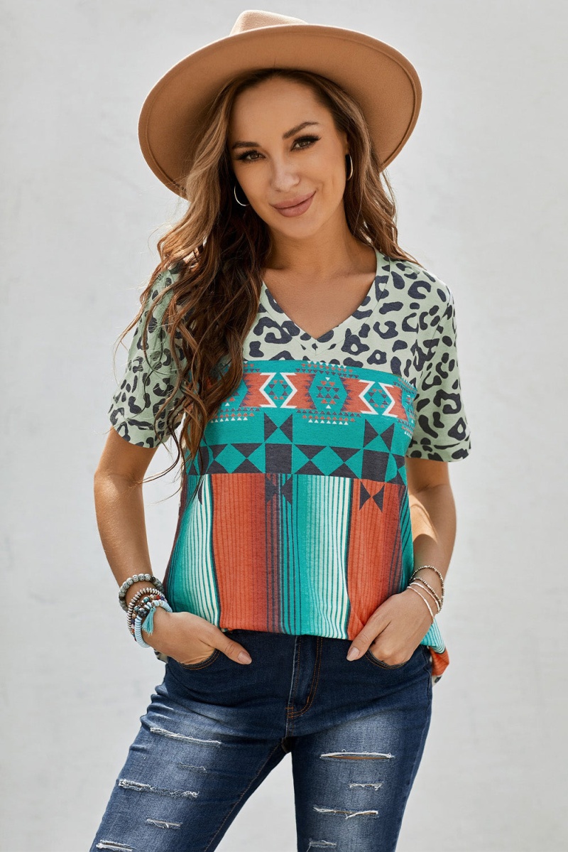 Multi-Color Leopard Serape Print Short Sleeve V Neck T-Shirt
