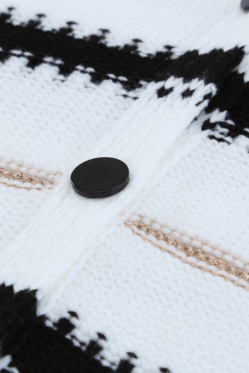 Womens White V Neck Stripes Colorblock Button Cardigan