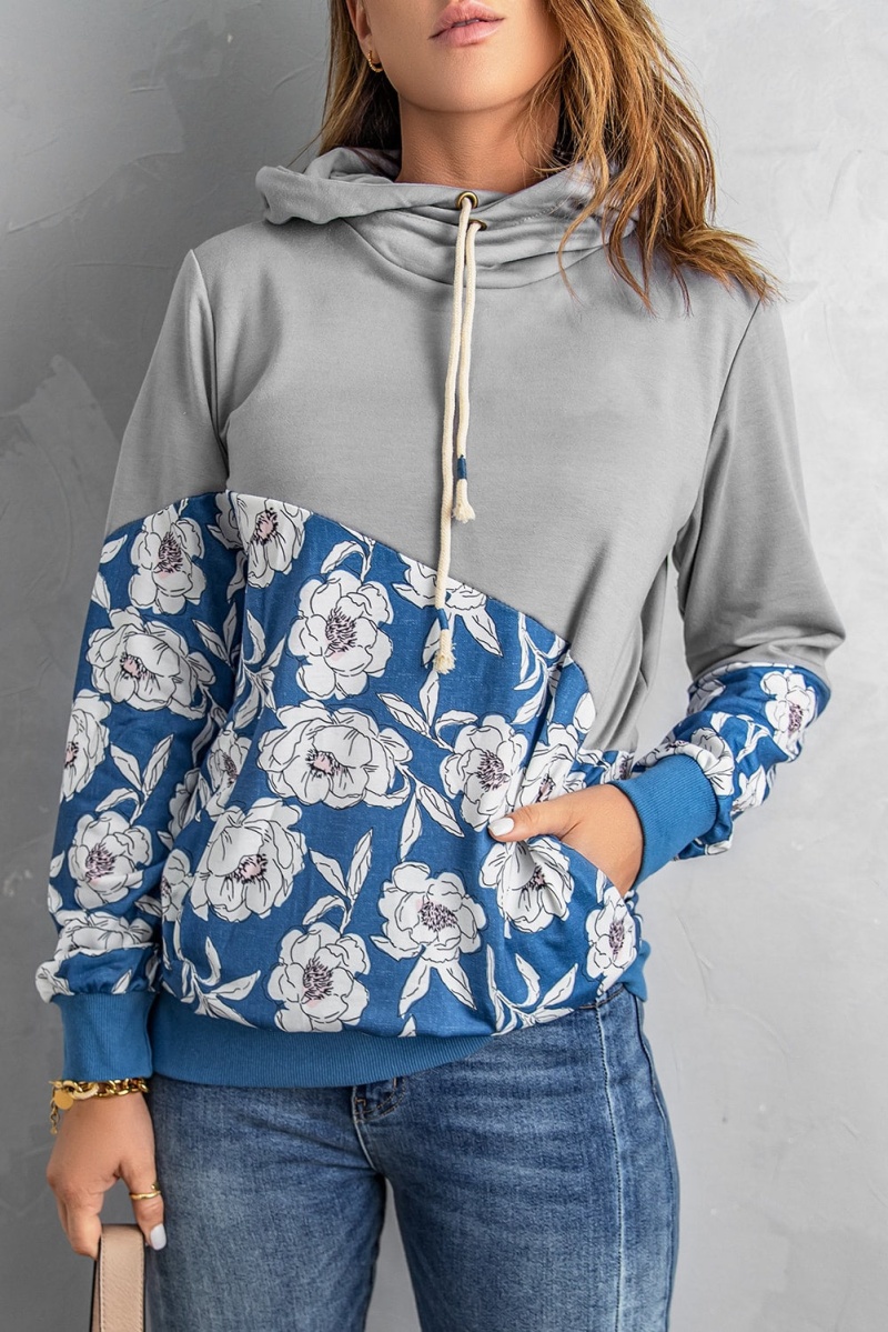 Women's Gray Floral Splicing Cowl Neck Hoodie