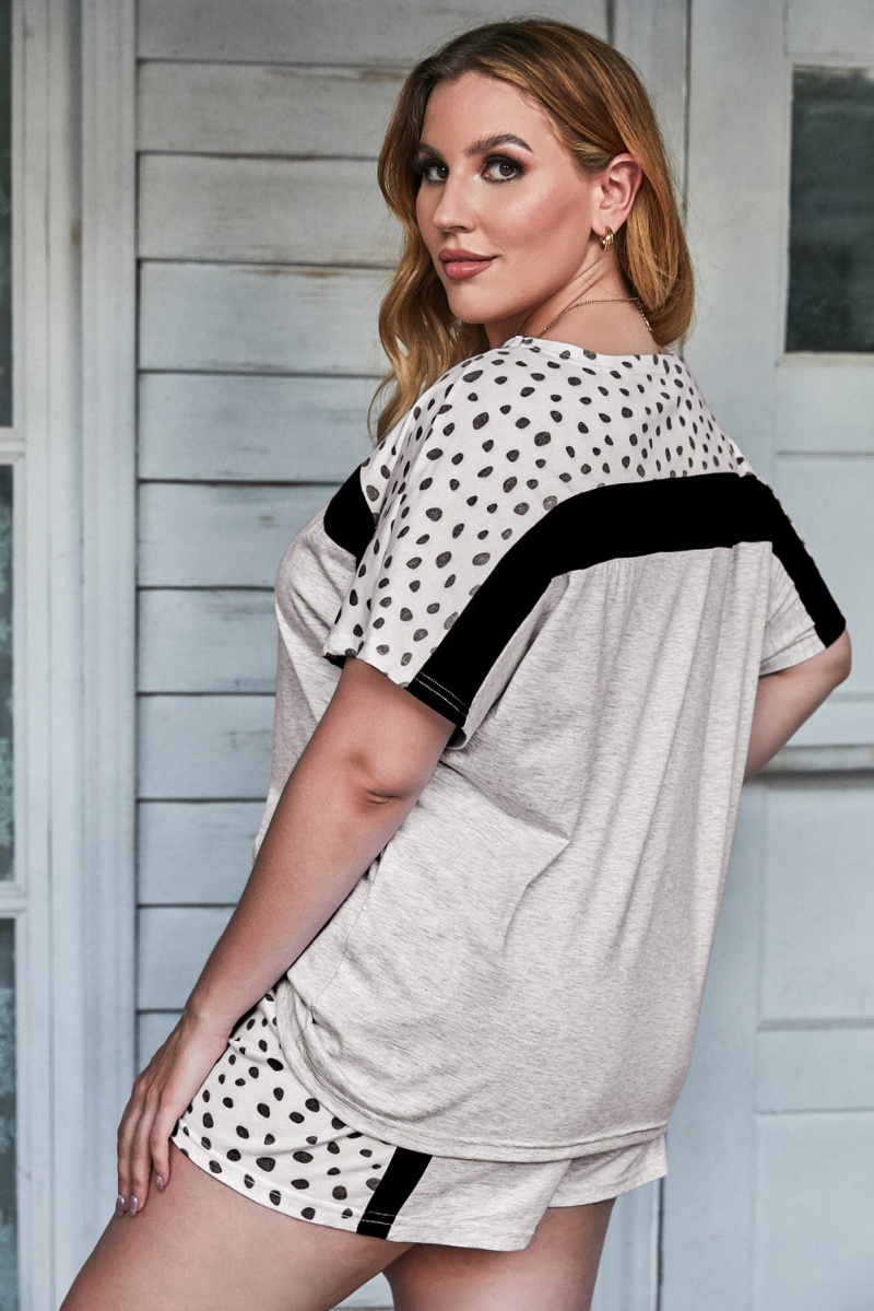 Women's Gray Dotted Print Colorblock Tee Shorts Loungewear