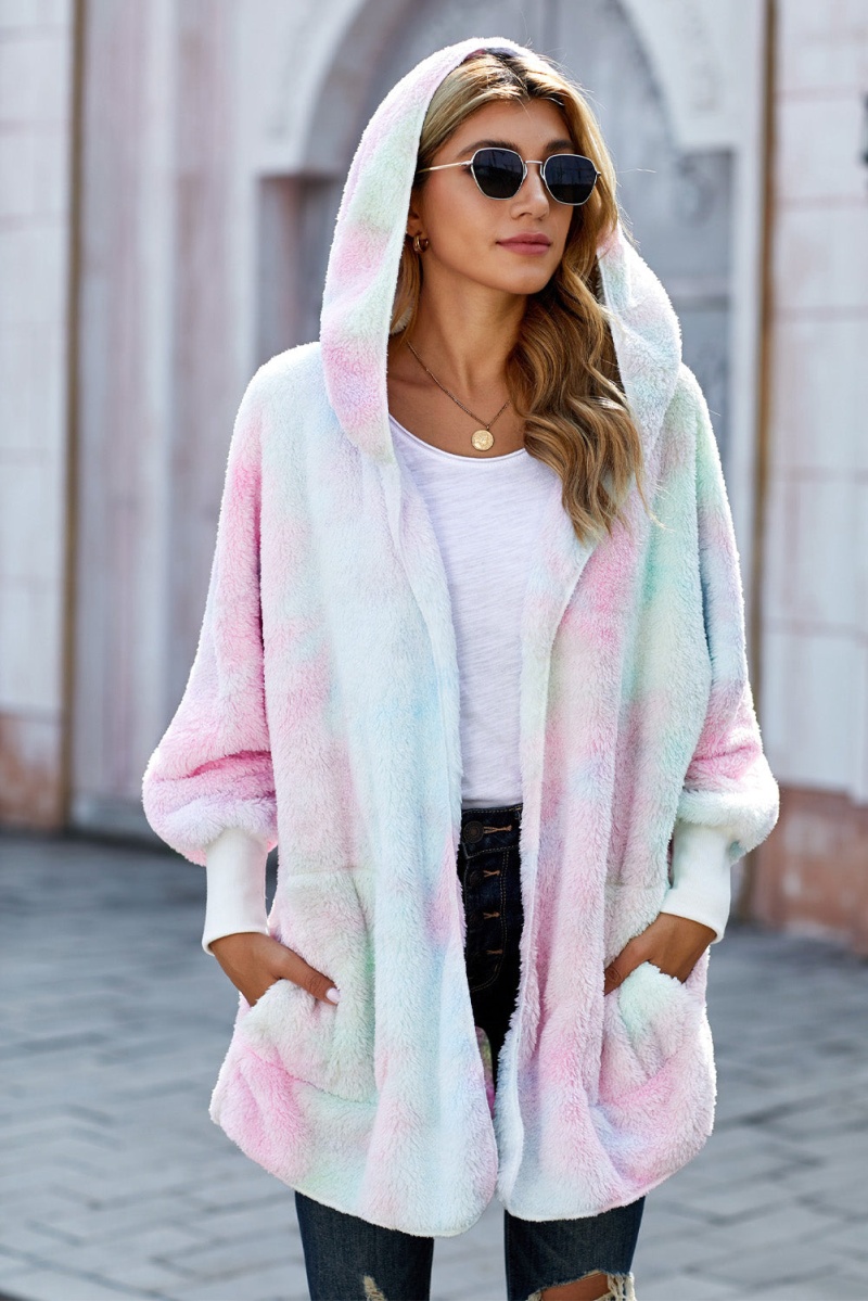 Women's Winter Multicolor Tie Dye Soft Fleece Hooded Open Front Coat