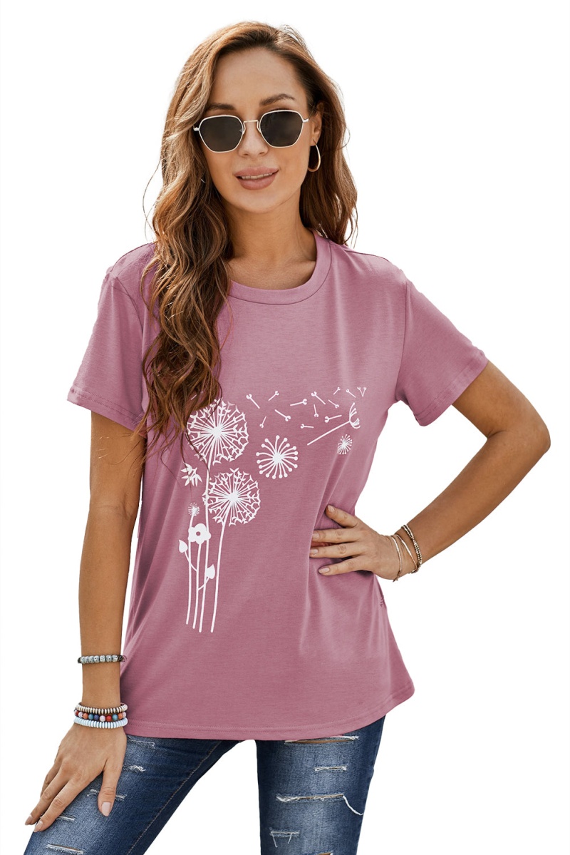 Women's Pink Crew Neck Dandelion Print Short Sleeve T-Shirt