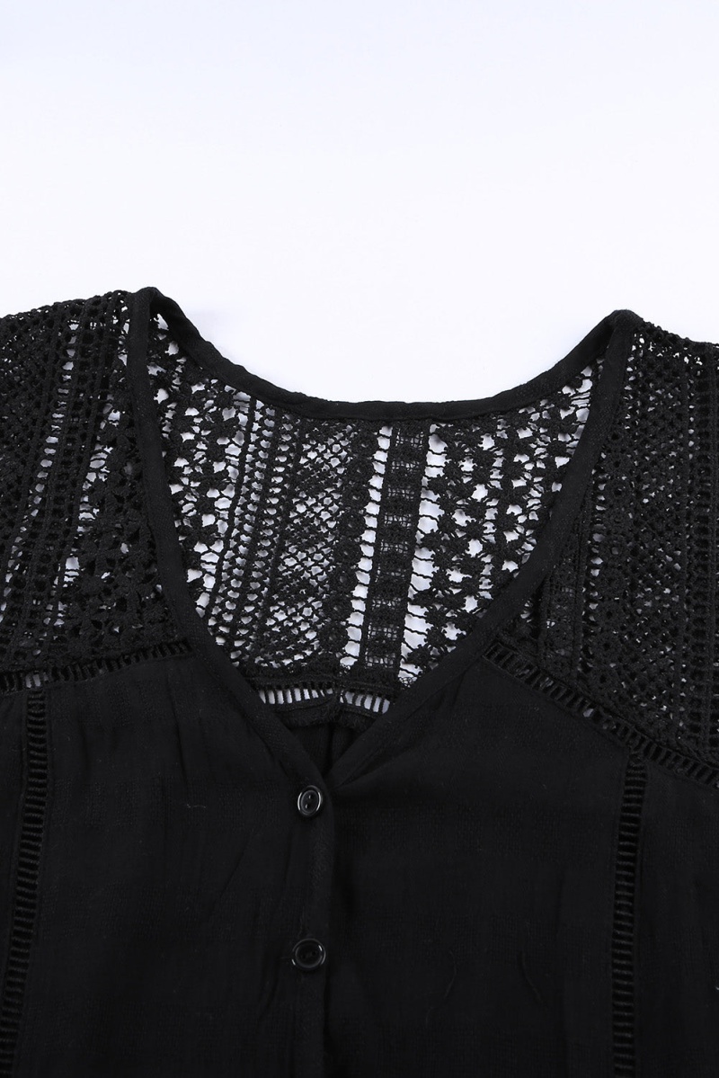 Summer Black Lace Tie Front Button Tank Top