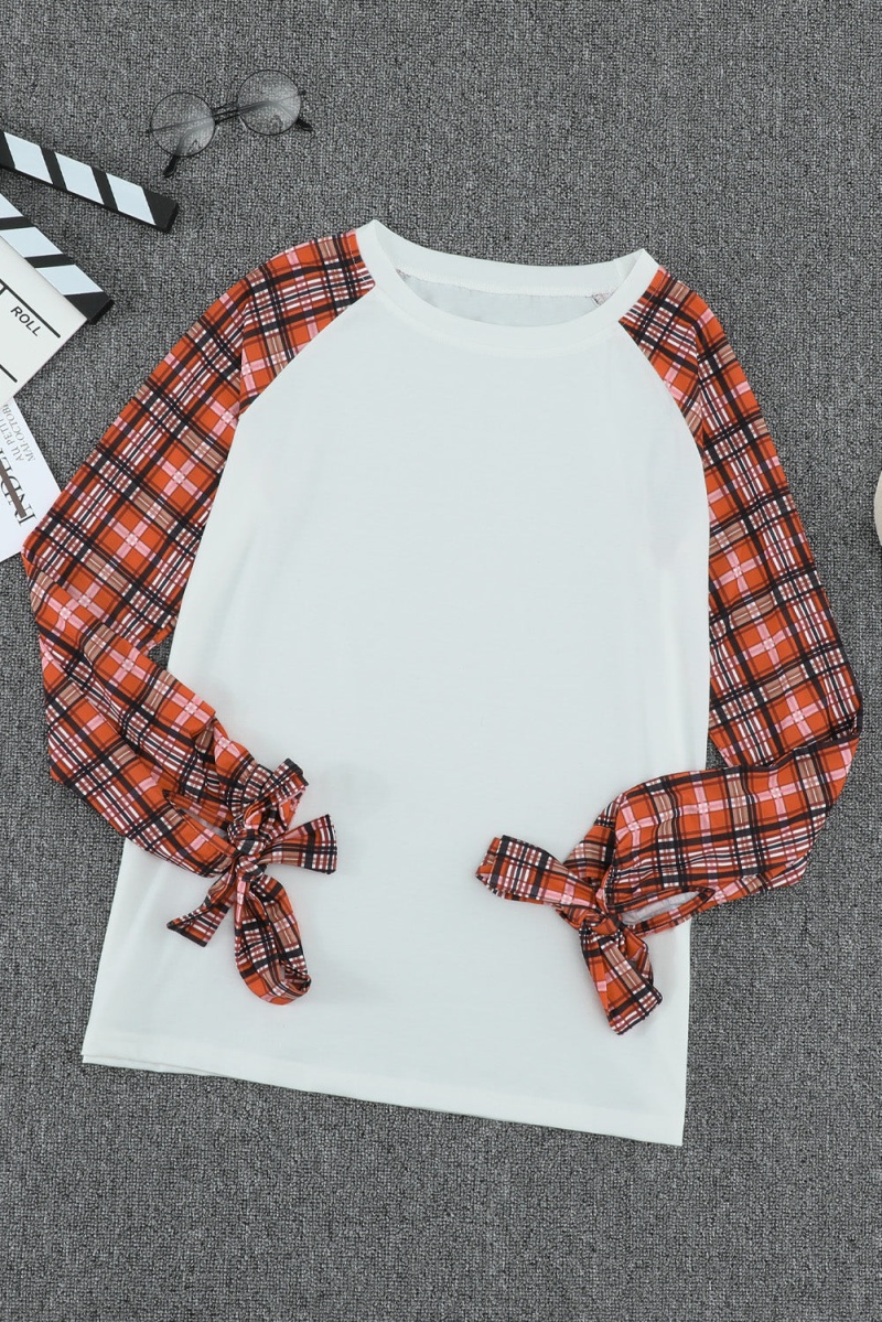 Plaid Patchwork Long Sleeve Top With Cuff Bow