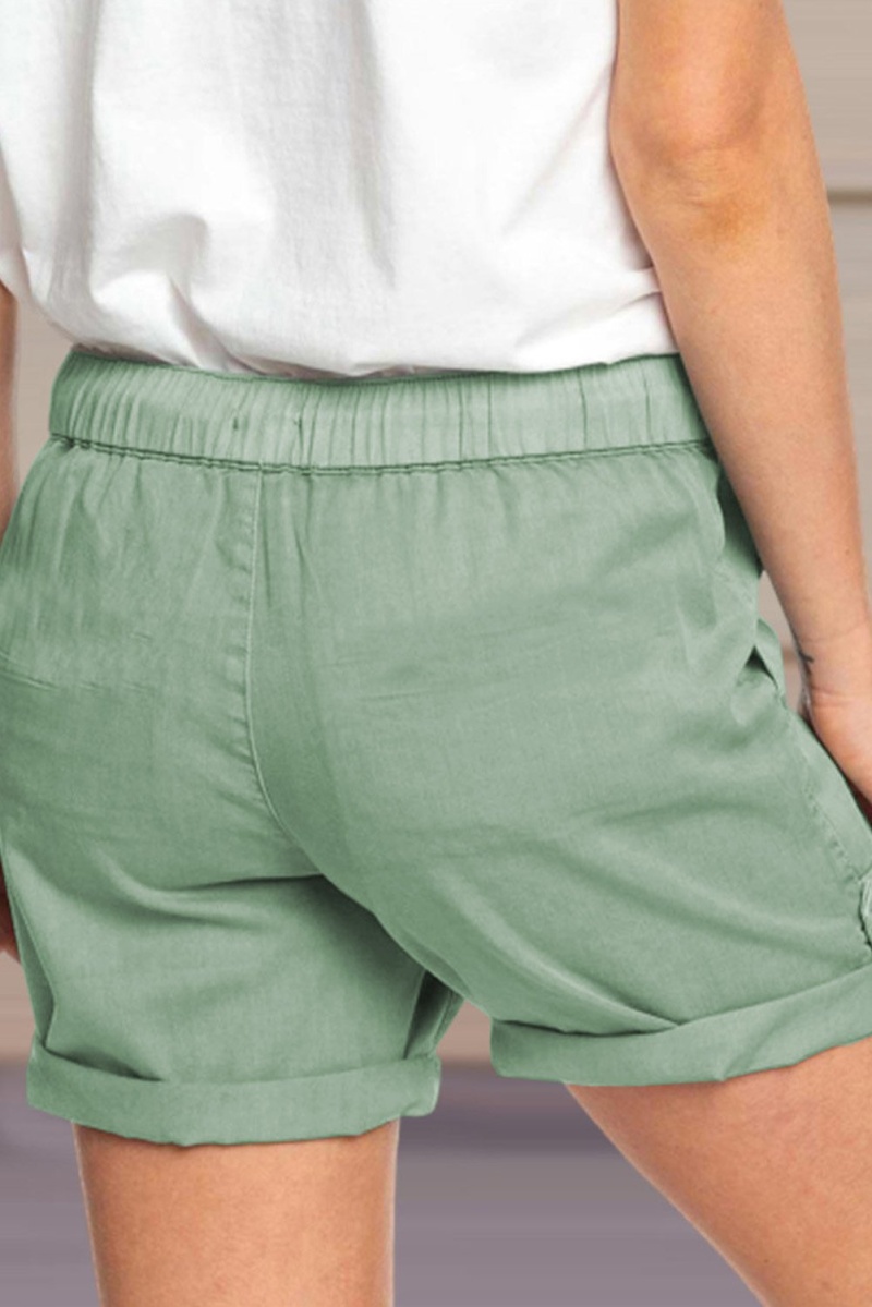 Women's Greeen Elastic Waistband Pocket Drawstring Shorts With Button