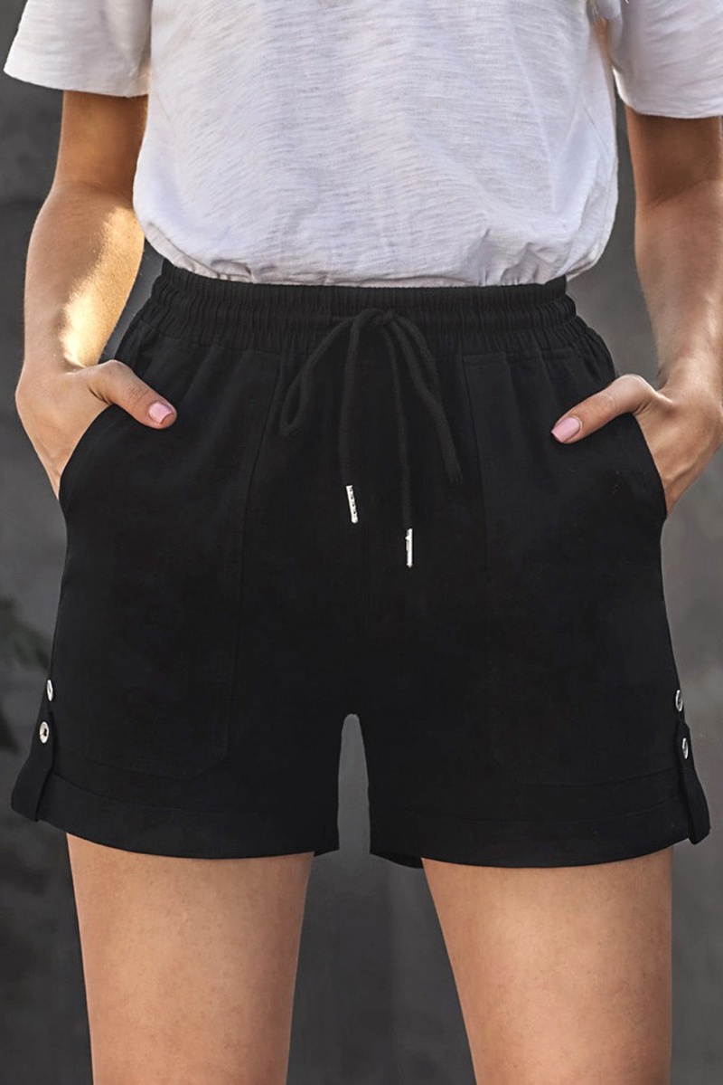 Casual Black Elastic Waistband Pocket Drawstring Shorts With Button