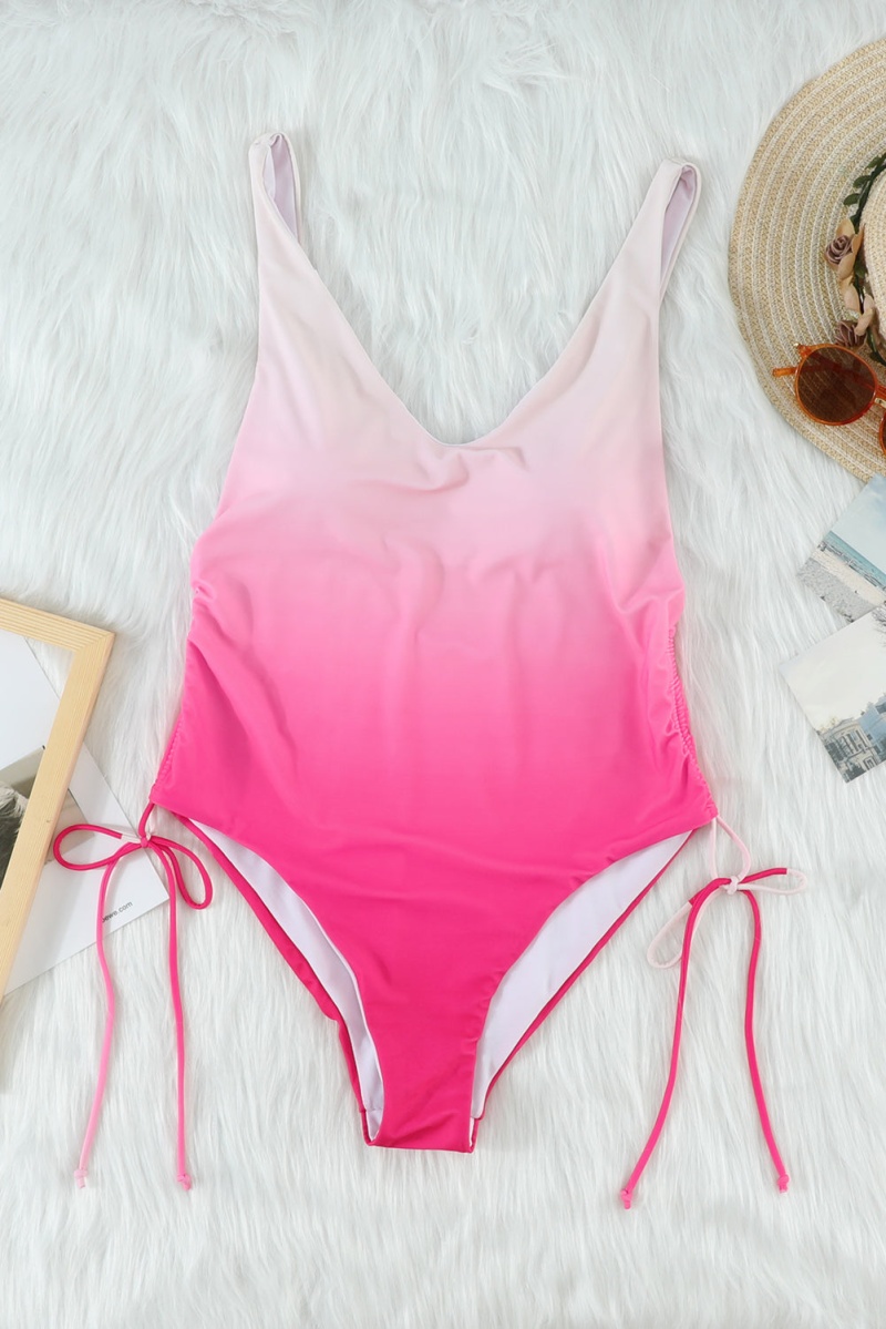 Pink Ombre Drawstring Ruched Sides Backless Monokini