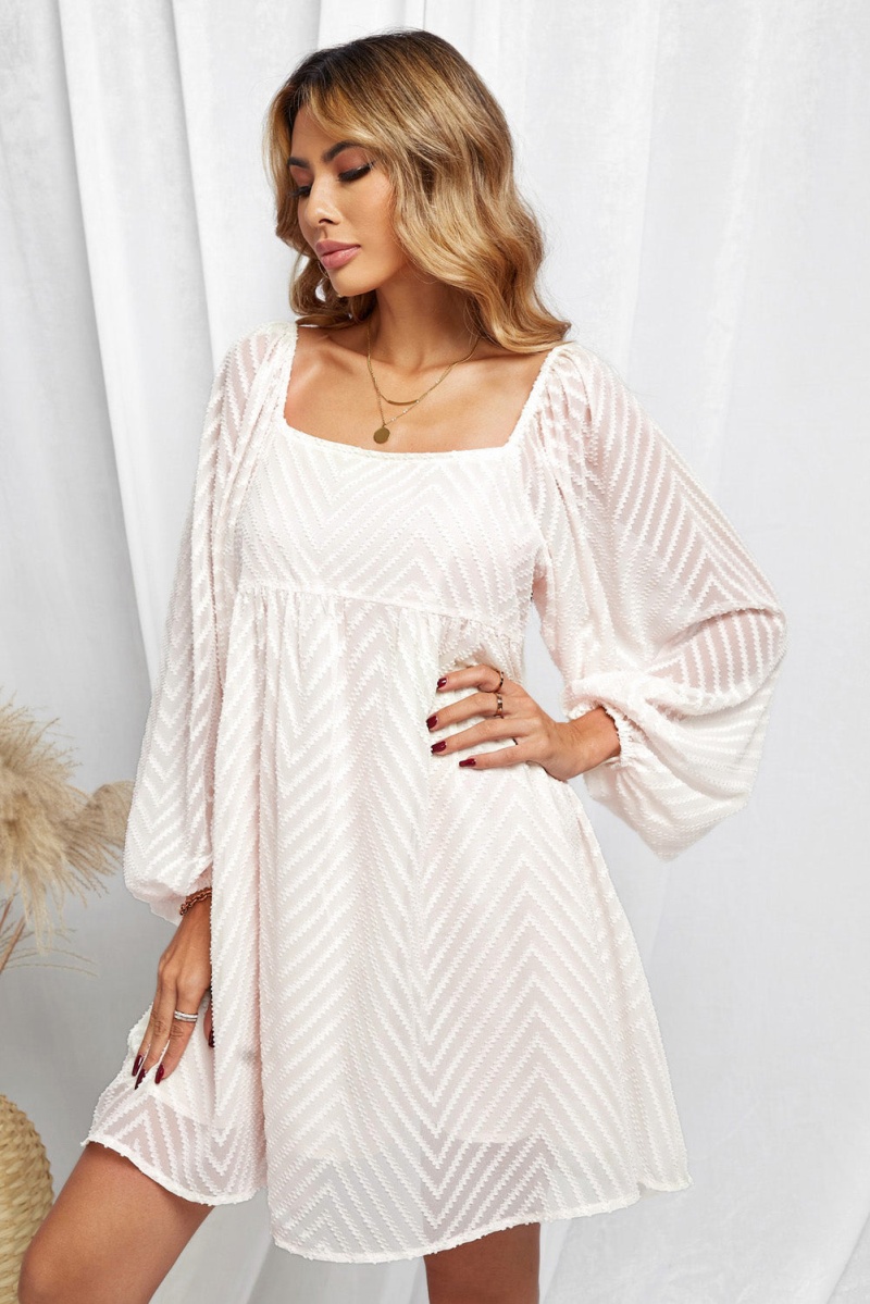 Classic Apricot Square Neck Puff Sleeve Babydoll Style Short Dress