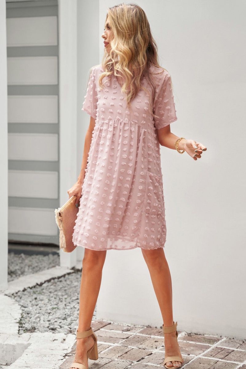 Cute Pink V Neck Pompom Babydoll Style Short Sleeves Flowy Mini Dress
