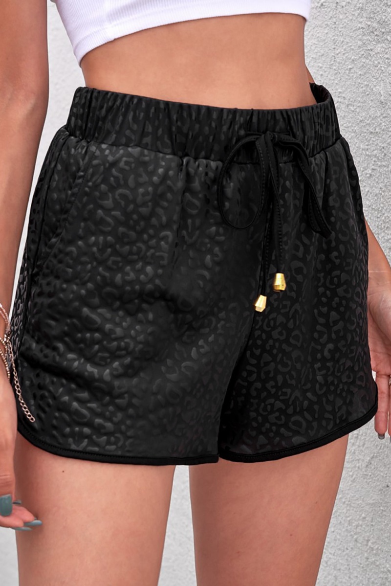 Casual Women's Black Leopard Drawstring Everyday Shorts